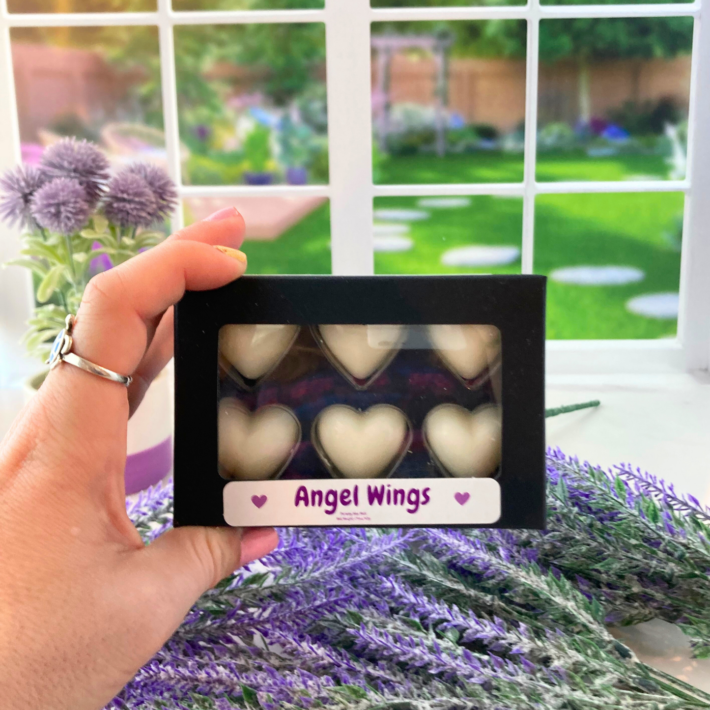 Angel Wings Heart Wax Melts in Black Kraft Box Lavender + Black Amber