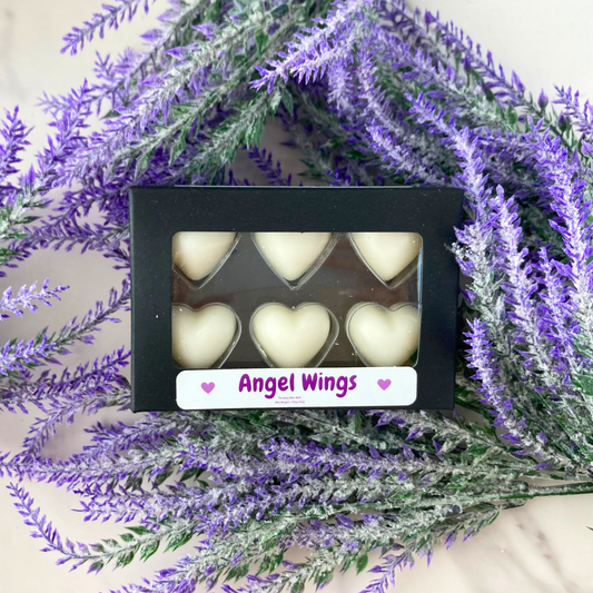 Angel Wings Heart Wax Melts in Black Kraft Box Lavender + Black Amber