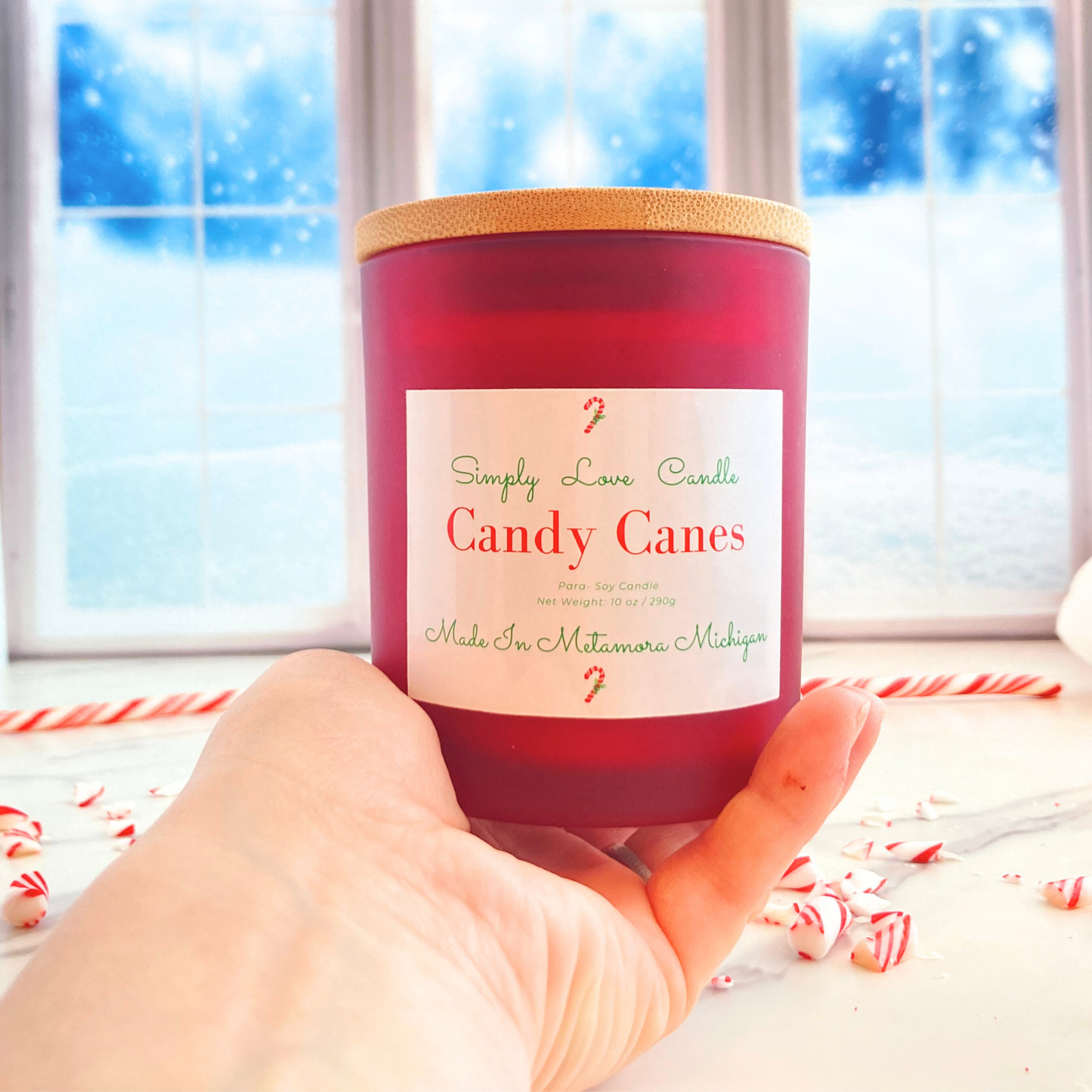 Candy Cane 8 oz Candle with Bamboo Lid Mint + Vanilla Scent
