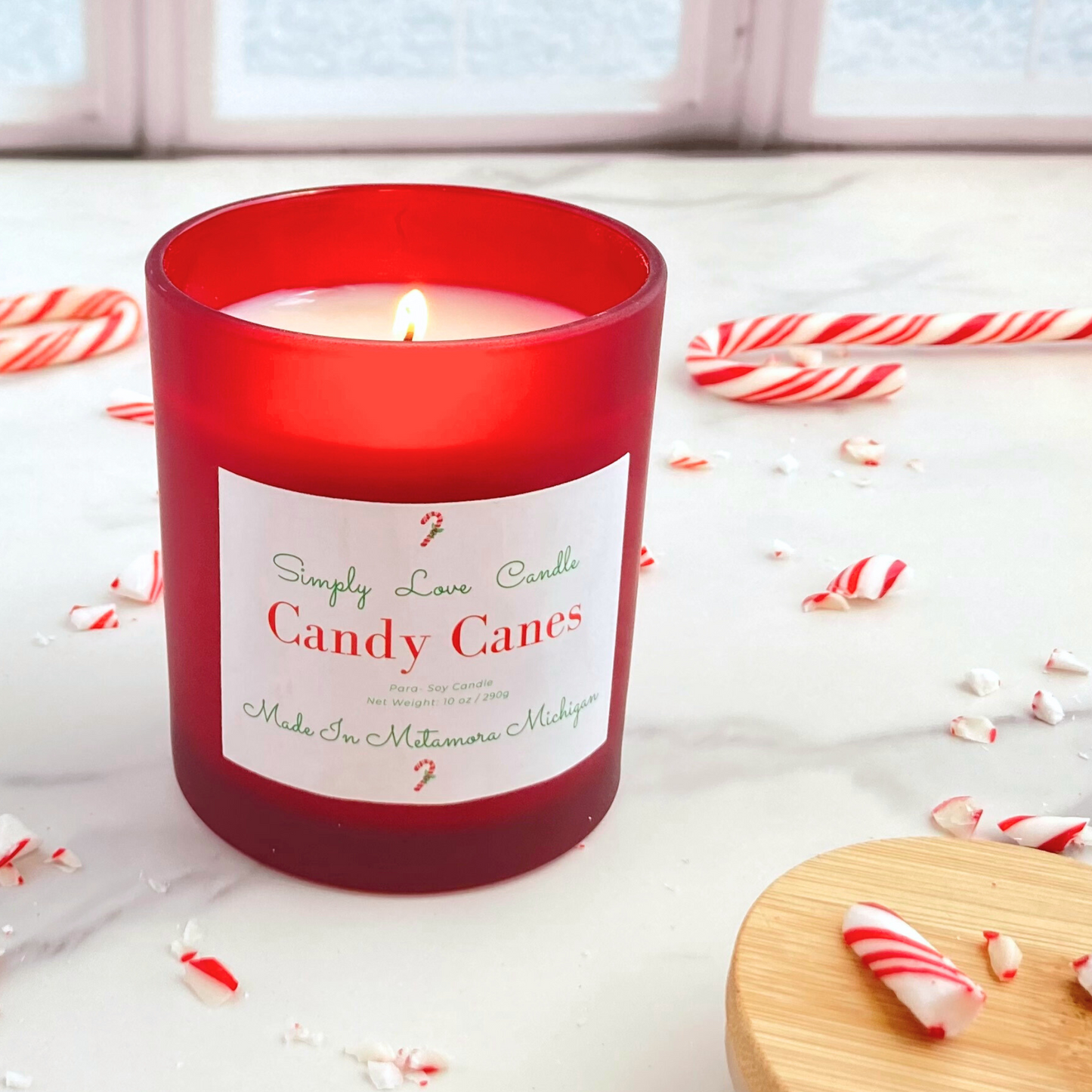Candy Cane 8 oz Candle with Bamboo Lid Mint + Vanilla Scent