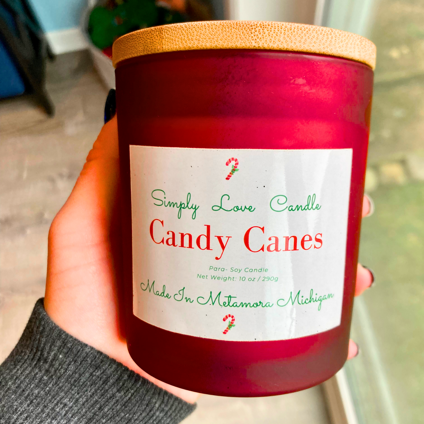 Candy Cane 8 oz Candle with Bamboo Lid Mint + Vanilla Scent