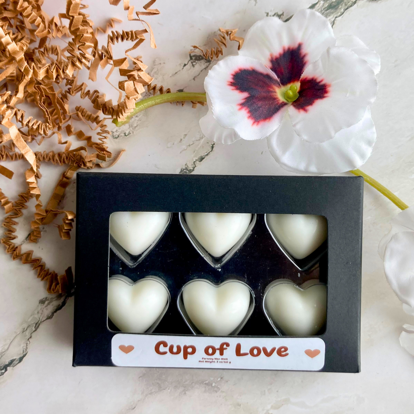 Cup of Love Heart Wax Melts in Black Kraft Box Coffee Scent