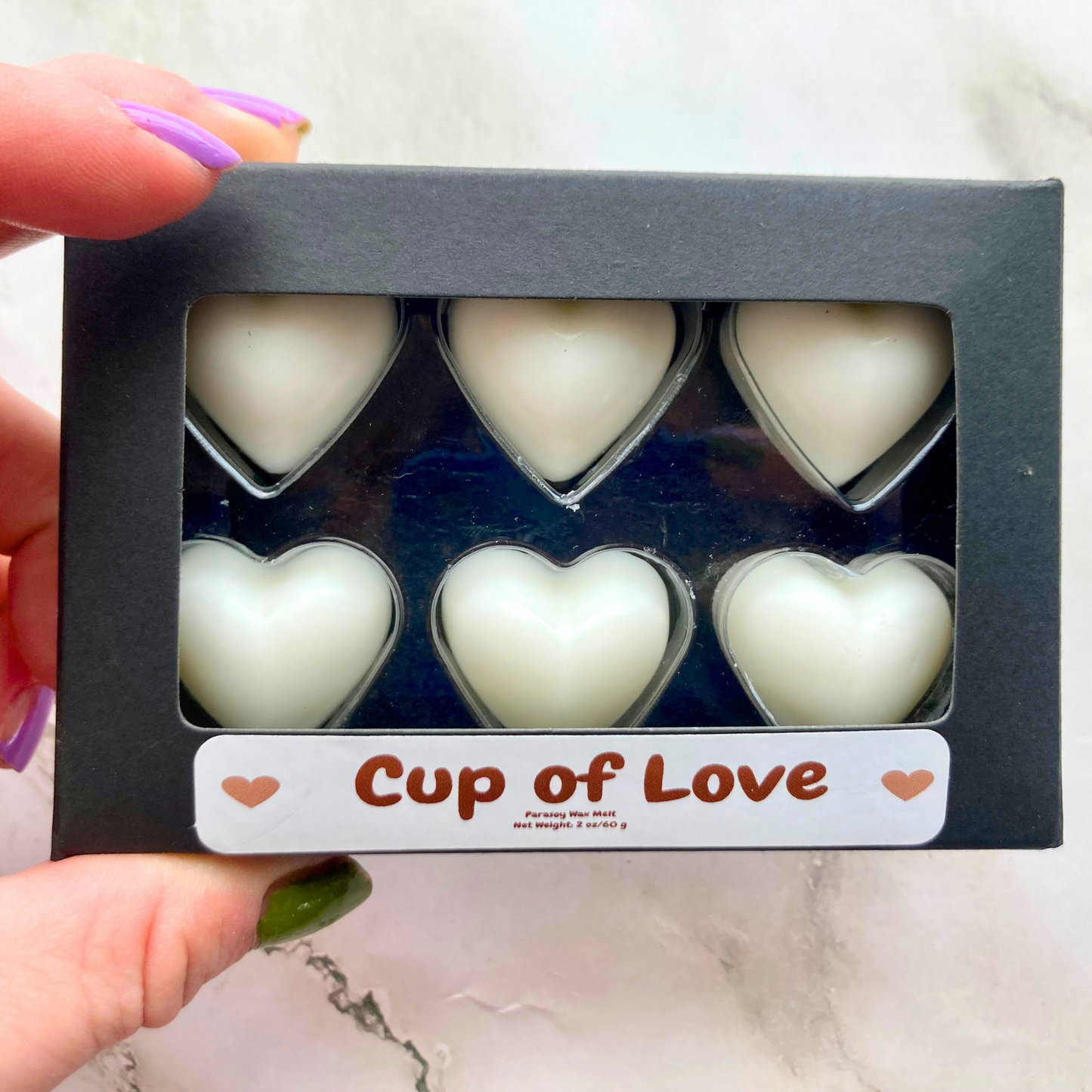 Cup of Love Heart Wax Melts in Black Kraft Box Coffee Scent