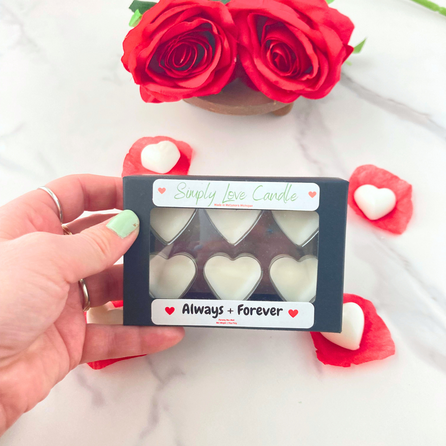 Always and Forever Heart Wax Melts in Black Kraft Box Rose Scented