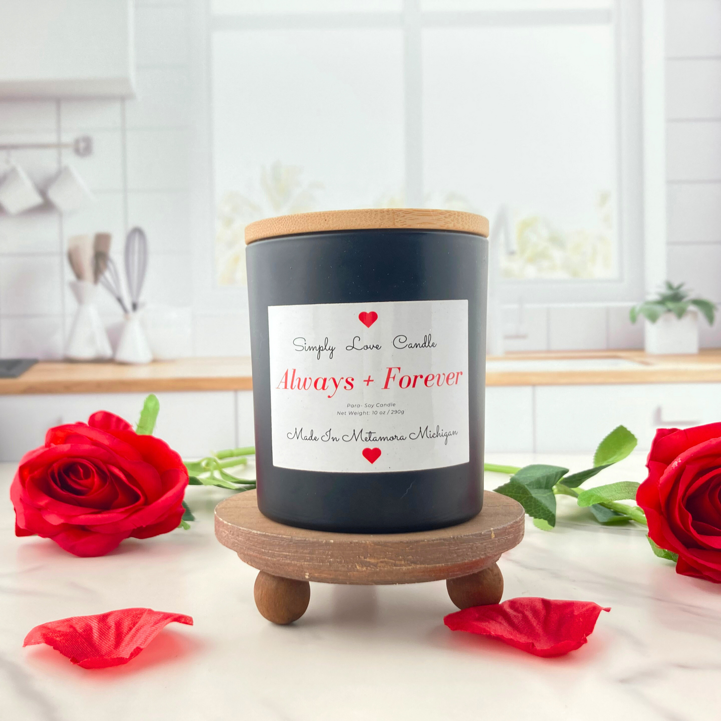 Always and Forever 8 oz Candle with Bamboo Lid Rose Scented
