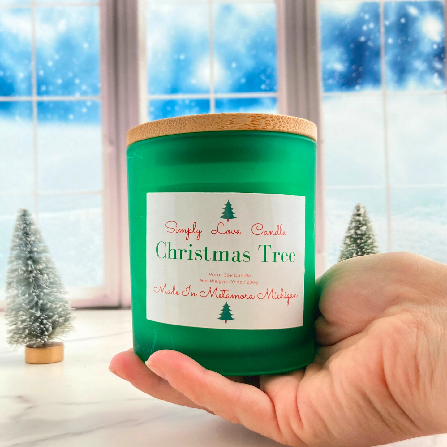 Christmas Tree 8 oz Candle with Bamboo Lid Balsam Fir Scent