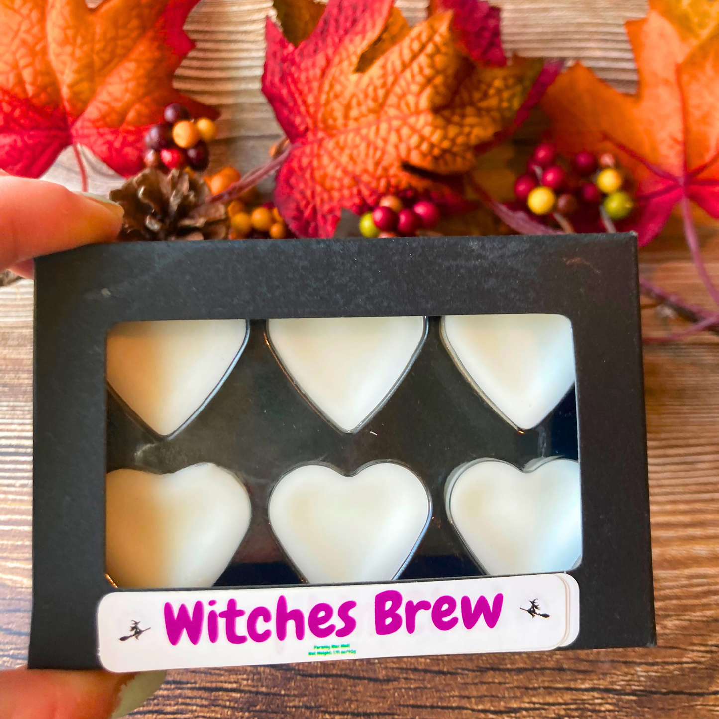 Witches Brew heart wax melts in black Kraft box